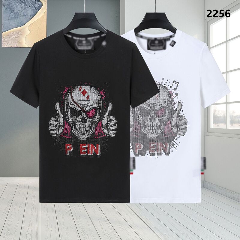 Trendy Brand T-Shirt Men's Top Plein Philip Plein Slim Fit Pure Cotton Breathable Round Neck with Rhinestone Skull Design