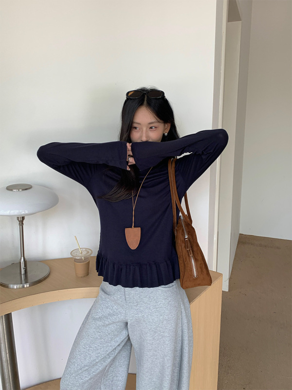 广州黄峥早秋木耳边下摆圆领长袖T恤女韩版纯色打底上衣530902|undefined