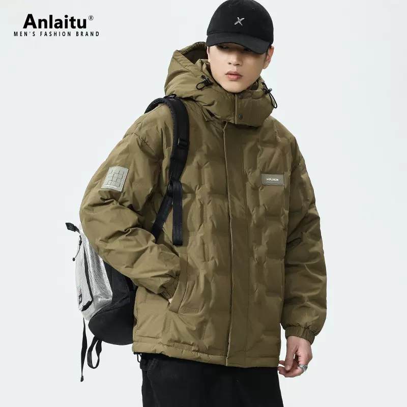 羽绒服男冬季美式潮牌菱格连帽设计防寒保暖休闲宽松舒适外套男