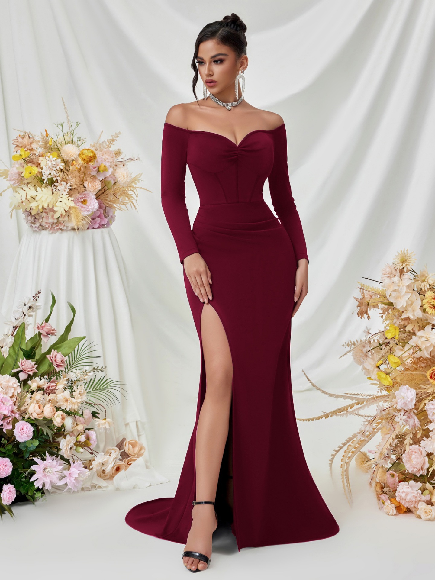 2025 falda de trapeador sexy de manga larga europea y americana transfronteriza de color sólido con horquilla alta y delgada falda de vestido de dama de honor de fiesta sin tirantes image 10