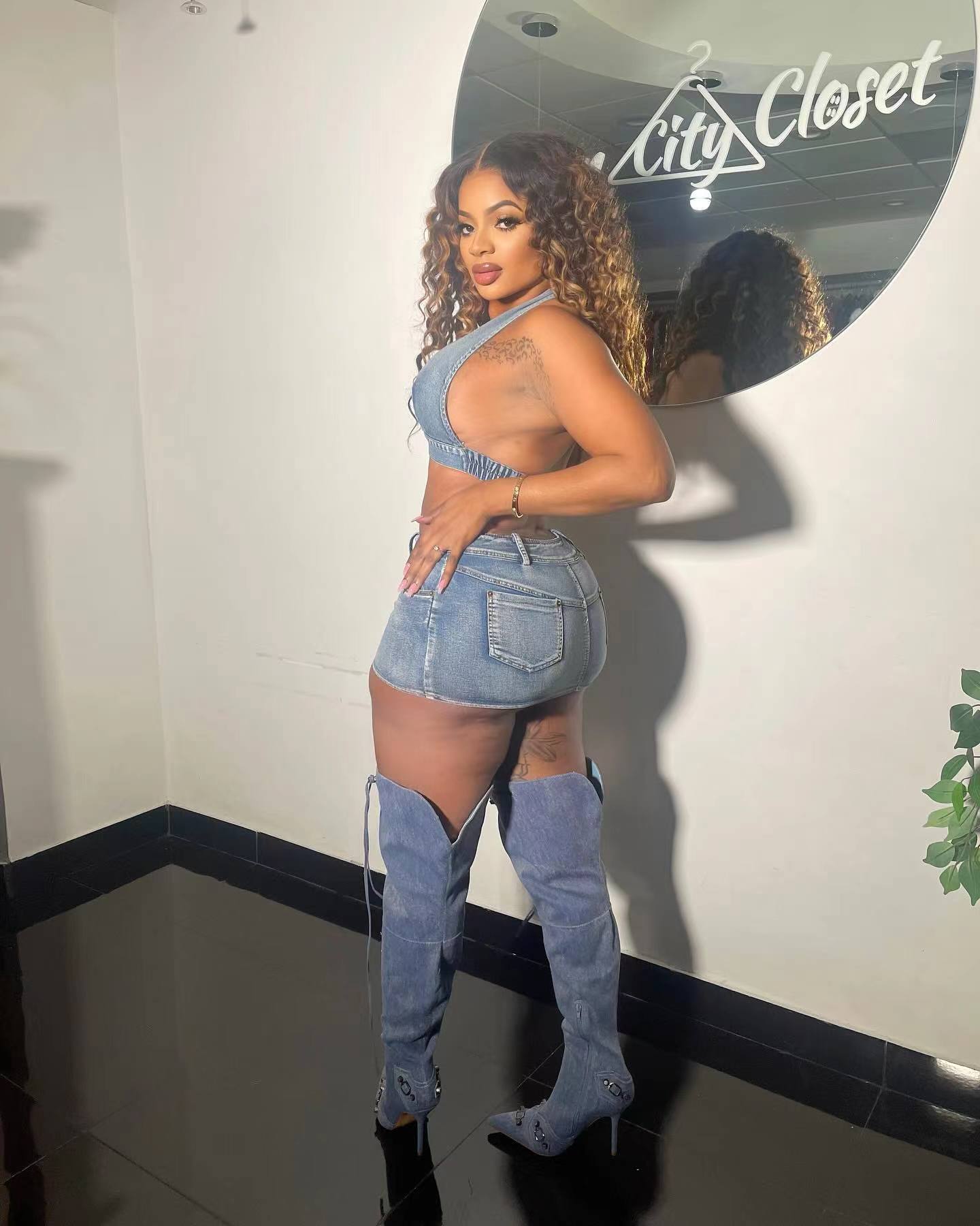 Washed Stretch Denim Casual Sexy Skirt Set