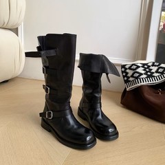 牛革バージョン～レトロベルトバックルミッドカーフブーツレディース厚底スリムブラウンブーツ大筒ハイライダーブーツ
