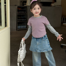 2025秋季新款童装 韩版童装 女童真2件T恤  短袖+打底衫 时髦上衣