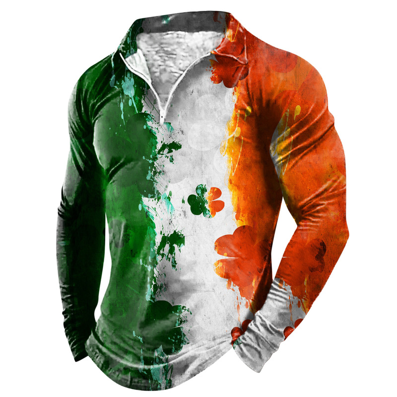 St. Patrick's Day Long Sleeve T Men's Spring and Autumn Casual 3D Clover Print Men's Fashion Lar Polo Shirt
