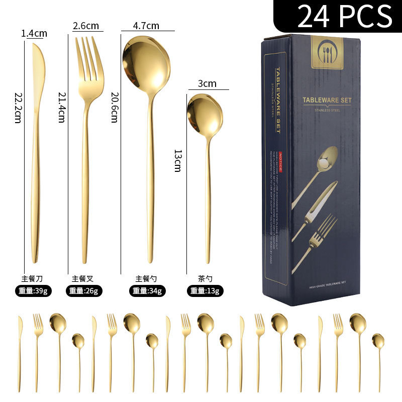 Amazon transfronteriza de 24 piezas de acero inoxidable occidental vajilla traje 1010 cuchillo, tenedor y cuchara de oro natural de almacenamiento en rack caja de regalo