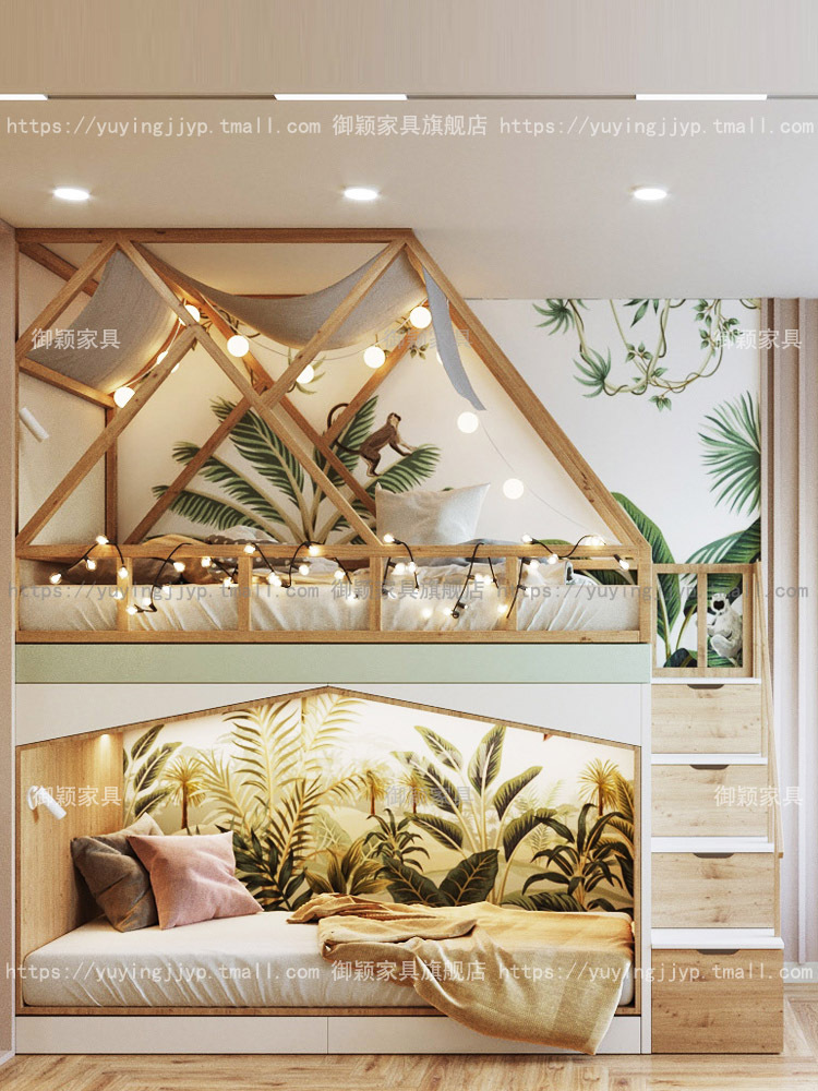 Semi-Height Integrated Bed 2024 New Accessible Luxury Bed Two-Story Bed Boy's Bed Solid Wood Tree House Bed Upper and Lower Beds