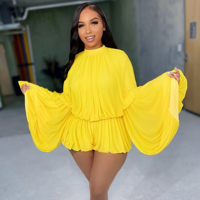 M80626 Cross-Border European and American Women's One-Piece Shorts Women's Casual Style Round Neck Gathered Long Sleeves Loose Flower Bud Elegant