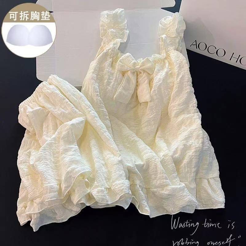 Summer Women's Camisole Shorts Pajamas with Chest Pads, Cloud Cotton, Bowknot, Solid Color, Can Be Worn Outside, Cute Loungewear Set