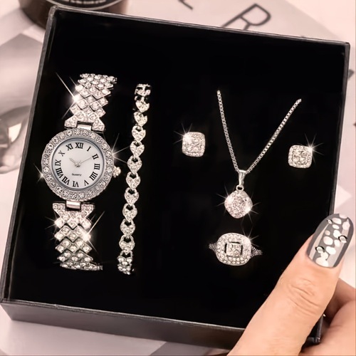 Foreign trade best-selling versatile diamond-encrusted women's luxury orange five-piece gift box quartz wrist watch