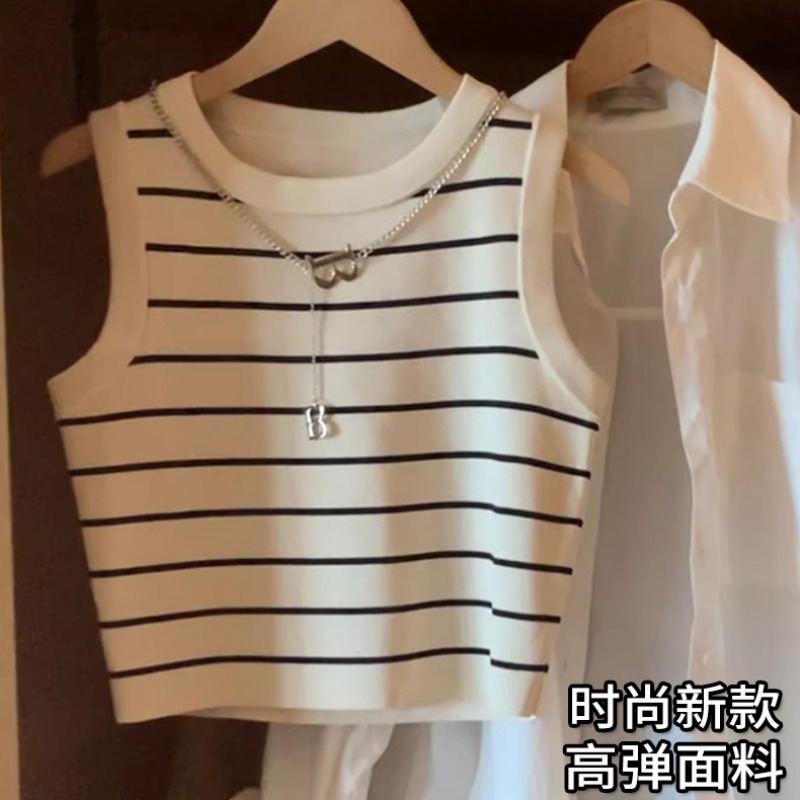 Ice Silk Striped Camisole Women's Knitted Short Summer Outer Wear Inner Design Sleeveless Top All-match Trendy