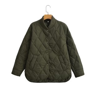 2023 Winter New Vertical Collar Solid Color Diamond Plaid Loose All-match Cotton-padded Jacket for Women Z1700