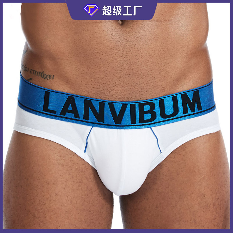 Lanvibum Men's Underwear, Color-Blocking Cotton, Hong Kong Style, Simple Low-Waist U-Convex Large Pouch Briefs, Trendy Style