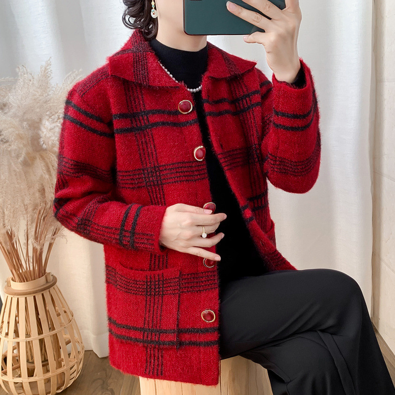 J 거북 3 어머니 스웨터 코트 여성 중년 및 노인 여성 격자 무늬 스웨터 외부 할머니 카디건 재킷