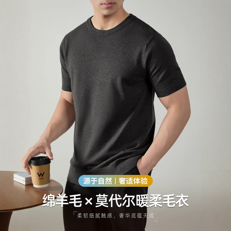 [High-End Sheep Wool & Modal] Light Luxury Men's Knitted Short-Sleeved T-Shirt for Autumn and Winter Warm Inner Wear Pure Color Sweater