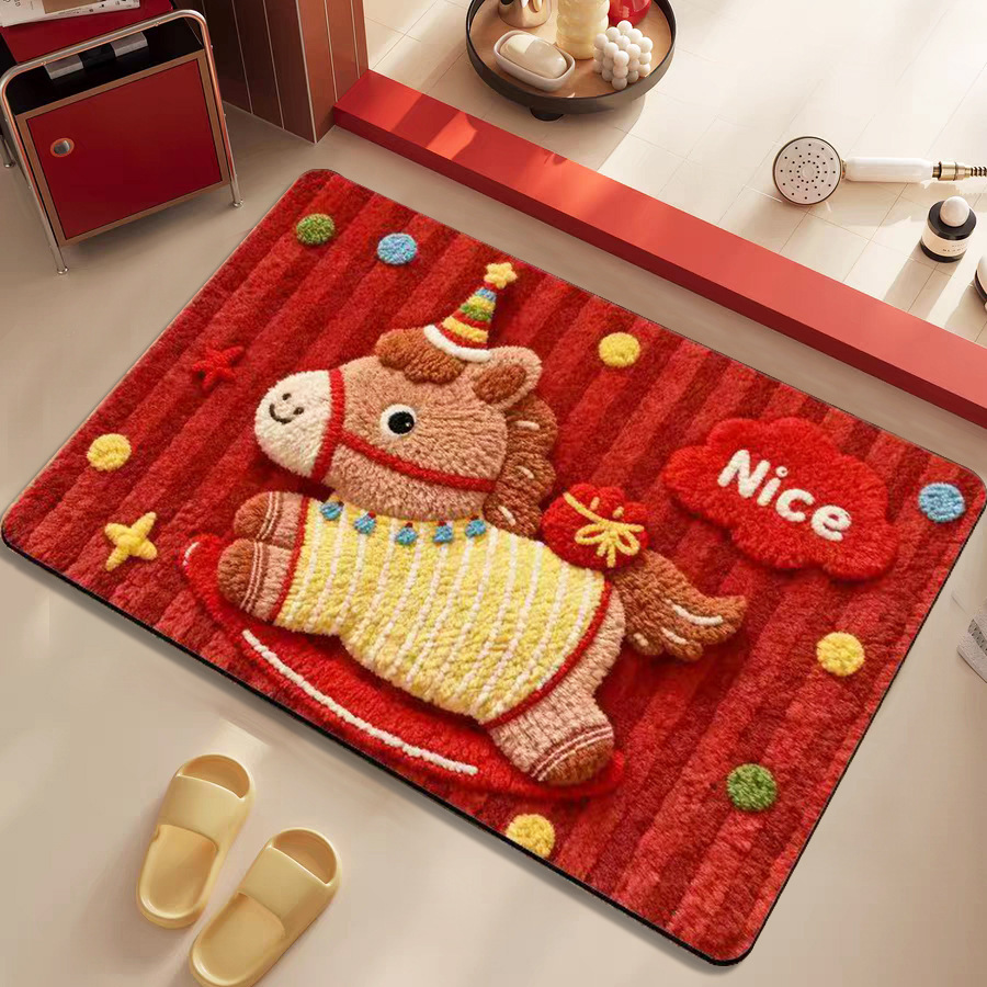 Cute Cartoon Horse Year Entrance Door Floor Mat Entrance Door Absorbent Non-Slip Mat New Red Diatom Mud Floor Mat