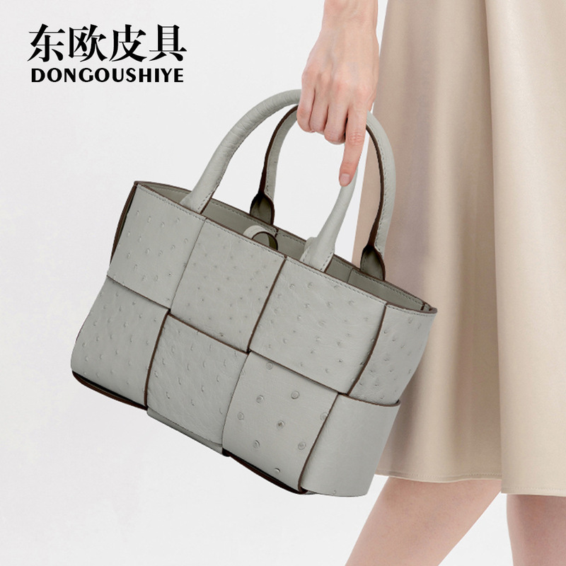 Foreign Trade New Bv Three-Compartment South African Ostrich Leather Small Tote Bag Women's Genuine Leather Fashion Handbag with Letter Inner Bag