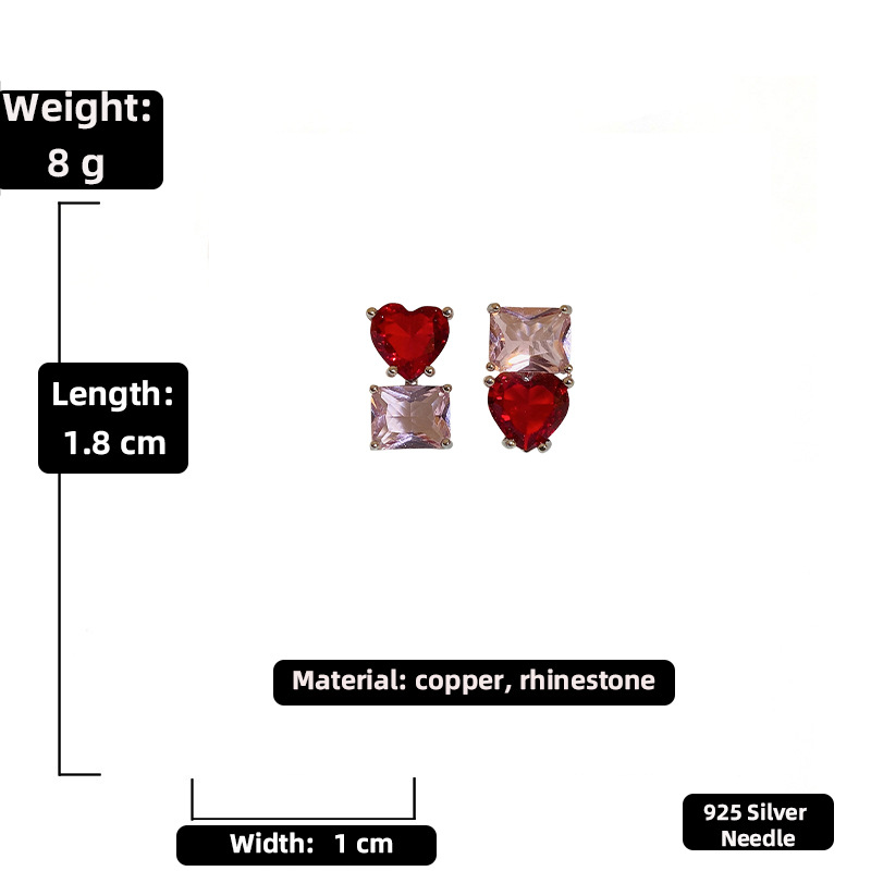 Fashion cute rhinestone square heart copper earrings female