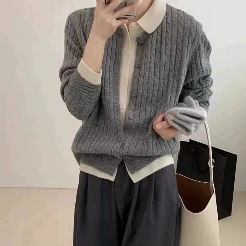 Stitching Lapel Fake Two-piece Knitted Cardigan Women's Spring and Autumn New Loose Western Style All-match Twist Sweater Coat Top