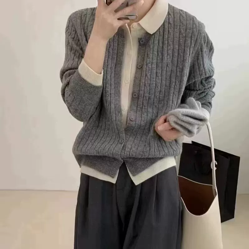 拼接翻领假两件针织开衫女春秋新款宽松洋气百搭麻花毛衣外套上衣
