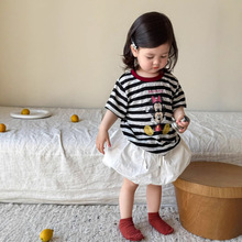 蔗梨童装女童短袖t恤夏薄款2025新款儿童条纹半袖上衣a类宝宝衣服