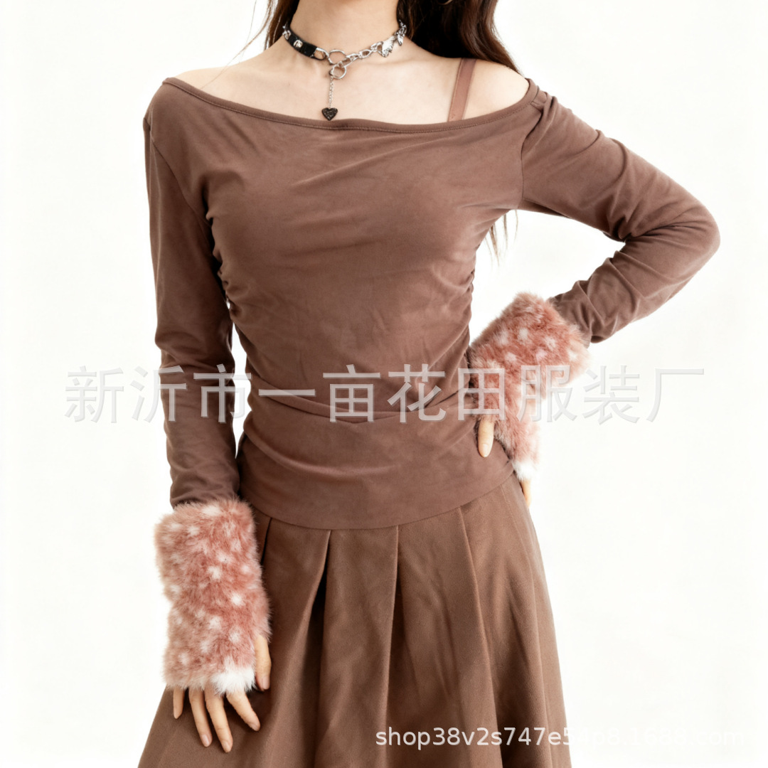 圣诞小鹿纹露指毛毛手套麋鹿款斑点仿皮草半指手套秋冬季保暖毛绒