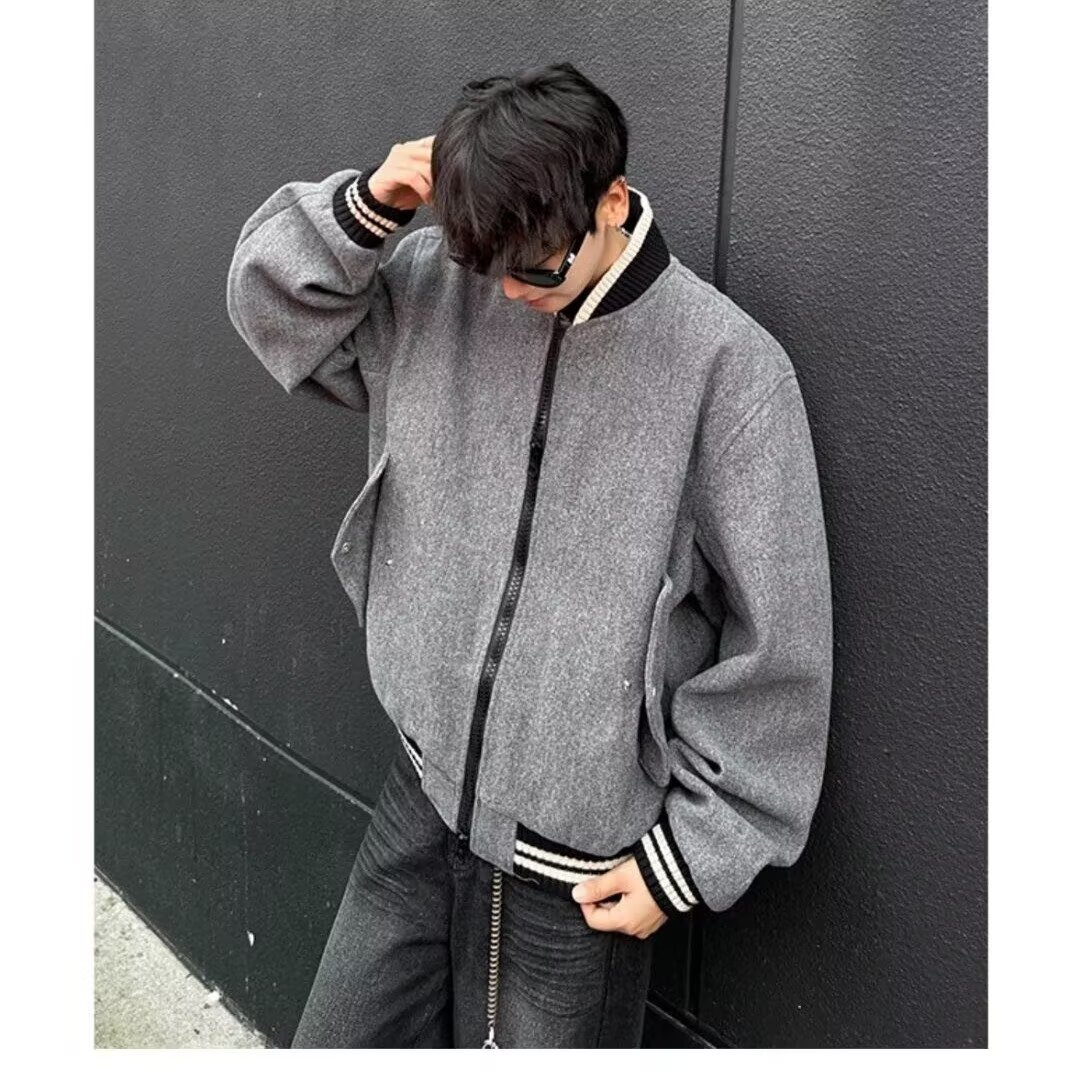 Kurze Wolljacke, Retro-Baumwolljacke, Baseballjacke, Dicke Pilotenjacke_voghion.com