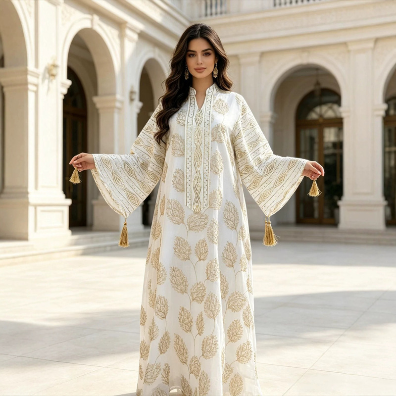 Heavy-Duty Gold Thread Embroidery Leaf Pattern Robe, Loose Plus-Size Tassel Robe for Women Heavy-Duty Gold Thread Embroidery Leaf Pattern Robe, Loose Plus-Size Tassel Robe for Women