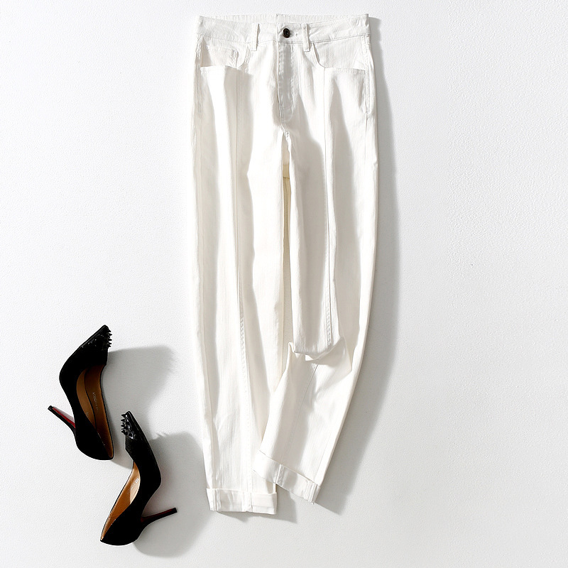 12 Spring New High Waist Front Patchwork Slim Look Large Long Leg Tapered Harlan Loose Jeans Straight Pants for Women