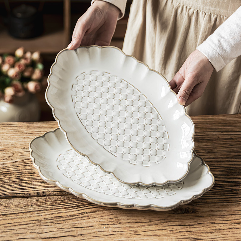 Plato de cerámica exquisito, plato de pescado grande, plato de comida japonés, plato largo, plato de platos caseros, plato de comida occidental al por mayor