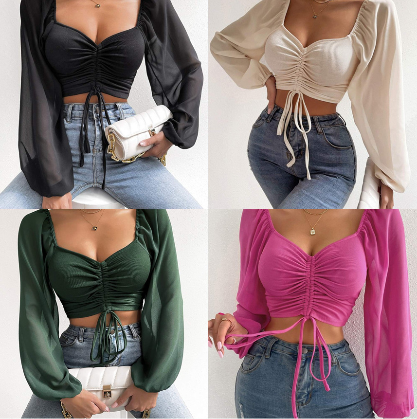 New Style Pit Stripe Chiffon Drawstring Lantern Sleeve Tight Fashion Women's Tops Shirt_senzul.com