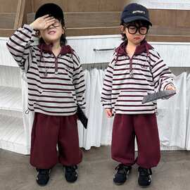 男童秋装条纹拼色连帽卫衣套装2026新款儿童装春秋款男孩秋季潮流