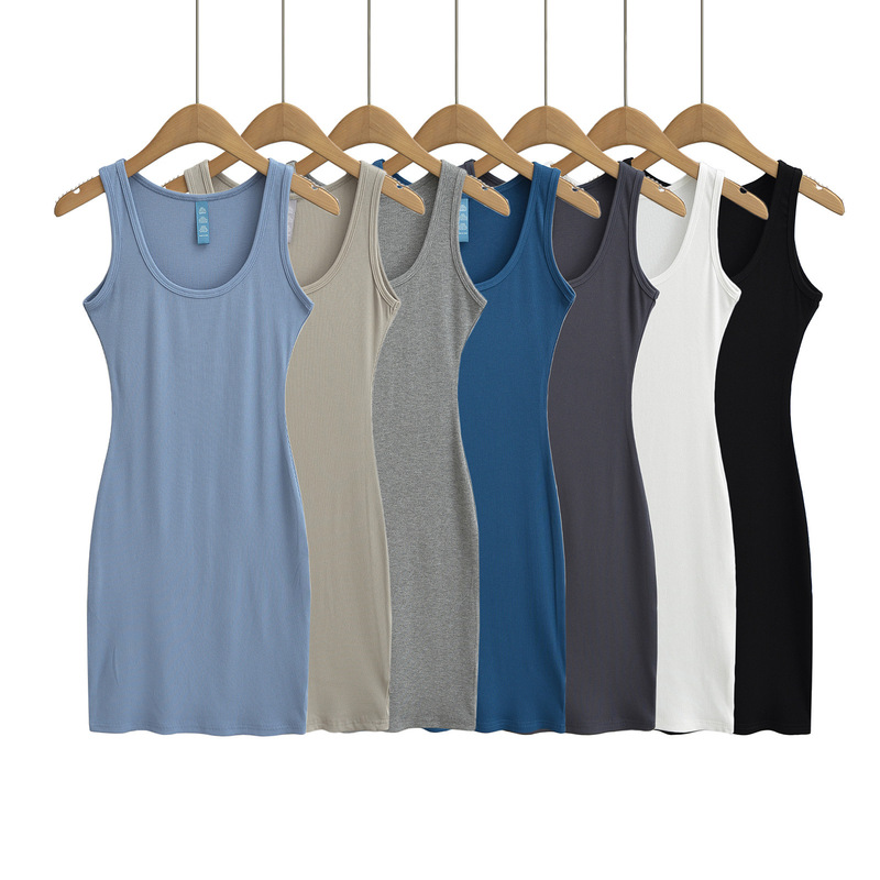 European and American sexy hot girl style wide-brimmed vest dress threaded Cotton solid color slim slimming sheath skirt