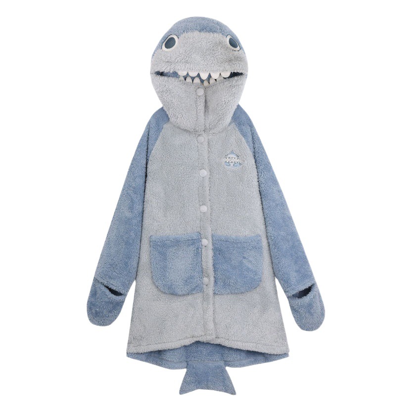Lindo divertido tiburón pijamas de las mujeres de invierno coral fleece prendas de vestir exteriores de lana larga homewear camisón de dibujos animados