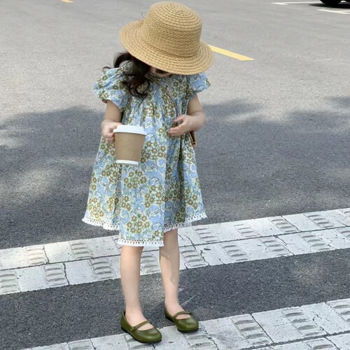 Children's Summer 2024 Fashion Floral Dress French Style Sweet Princess Dress Puff Sleeve Short Sleeve Dress