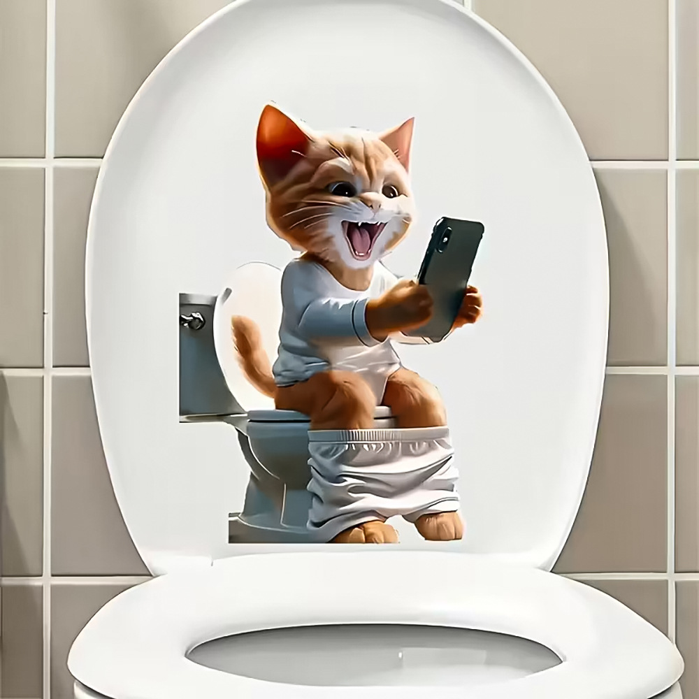 厂家直销跨境专供搞怪猫咪马桶贴 玩手机橘猫卫生间防水装饰贴纸