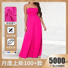 欧美时尚休闲成人度假风长款一字领抹胸修身高腰显瘦阔腿裤连体裤