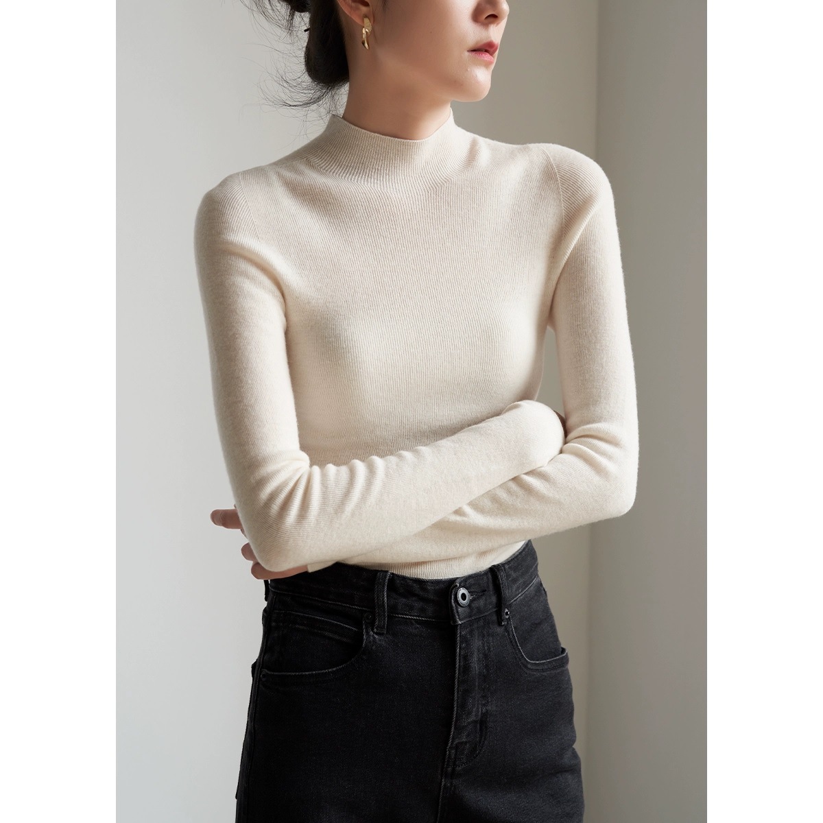 Pull en laine à col mi-haut pour femme, vêtement d'une seule pièce sans couture, style navetteur, automne_voghion.com