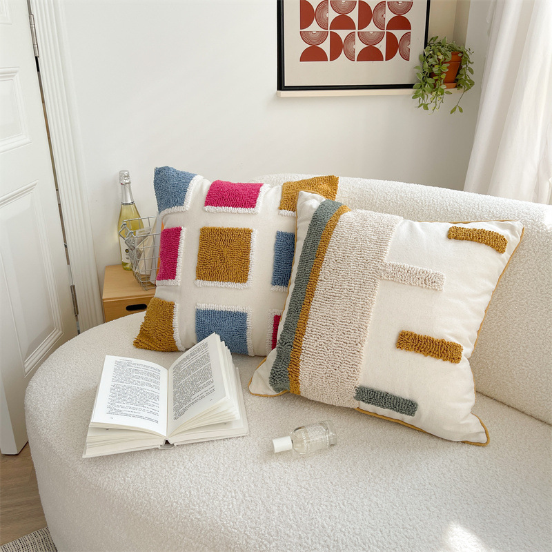 Federa per cuscino in tela di cotone stile nordico, modello di decorazione per la casa, modello di velluto, a righe geometriche, ricamata, per divano_voghion.com