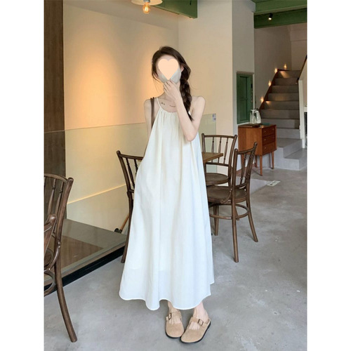 Long dress casual characters, solid color hanging sleeveless small neck, slimming dress, summer design, simple and loose temperament