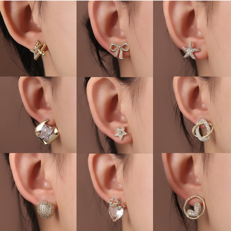 10g Weight Artificial Diamond Inlay Material 1 Pair Elegant Lady Star Heart Shape Butterfly Plating Inlay Copper Artificial Diamond Ear Studs