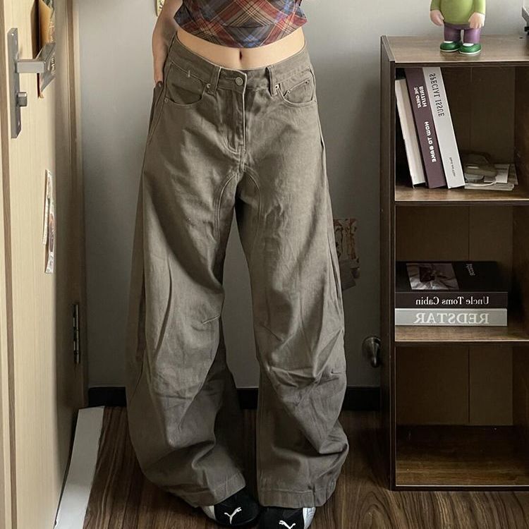 Loose Retro Pleated Silhouette Wide-Leg Jeans for Women Casual American Style Petite