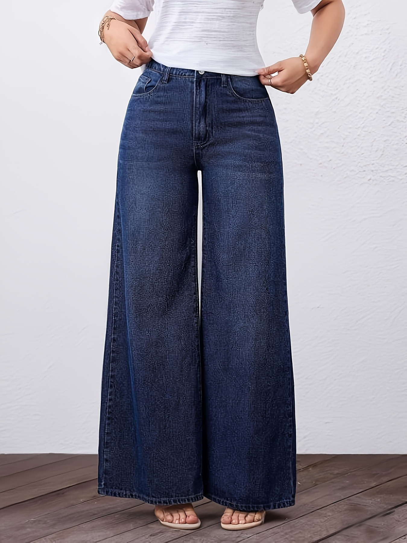 Dames jeans met hoge taille en wijde pijpen washed denim_voghion.com