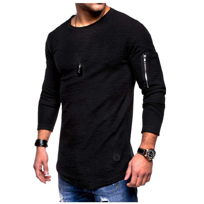 2023 Новая мужская Однотонная рубашка с круглым вырезом и длинными рукавами на рукавах, застежка-молния, индивидуальная футболка с длинными рукавами в европейском и американском стиле