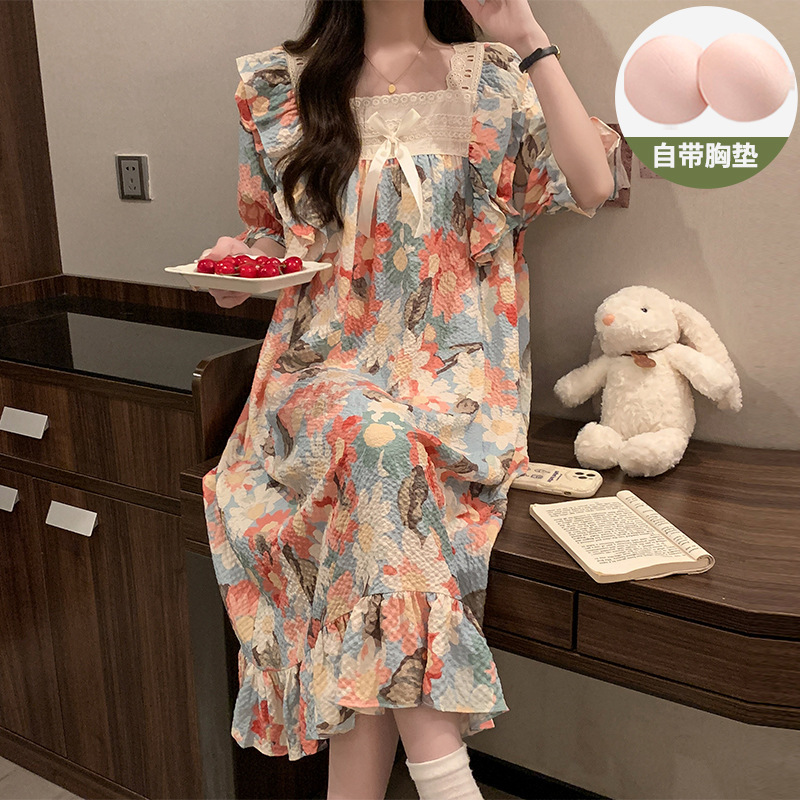 Bubble cotton oil painting flower comes with breast pad nightgown women's summer short sleeve sweet 2024 new summer pregnant women's pajamas