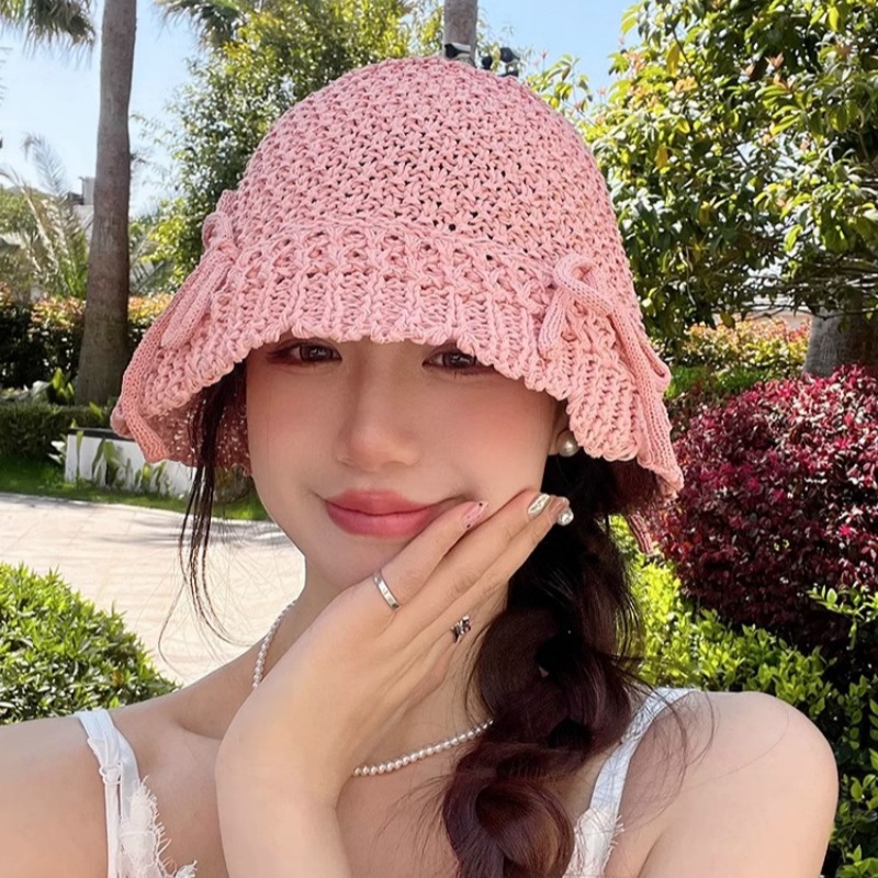 Hepburn Style Women's Bowknot Sun Hat For Summer, Breathable Knit_voghion.com