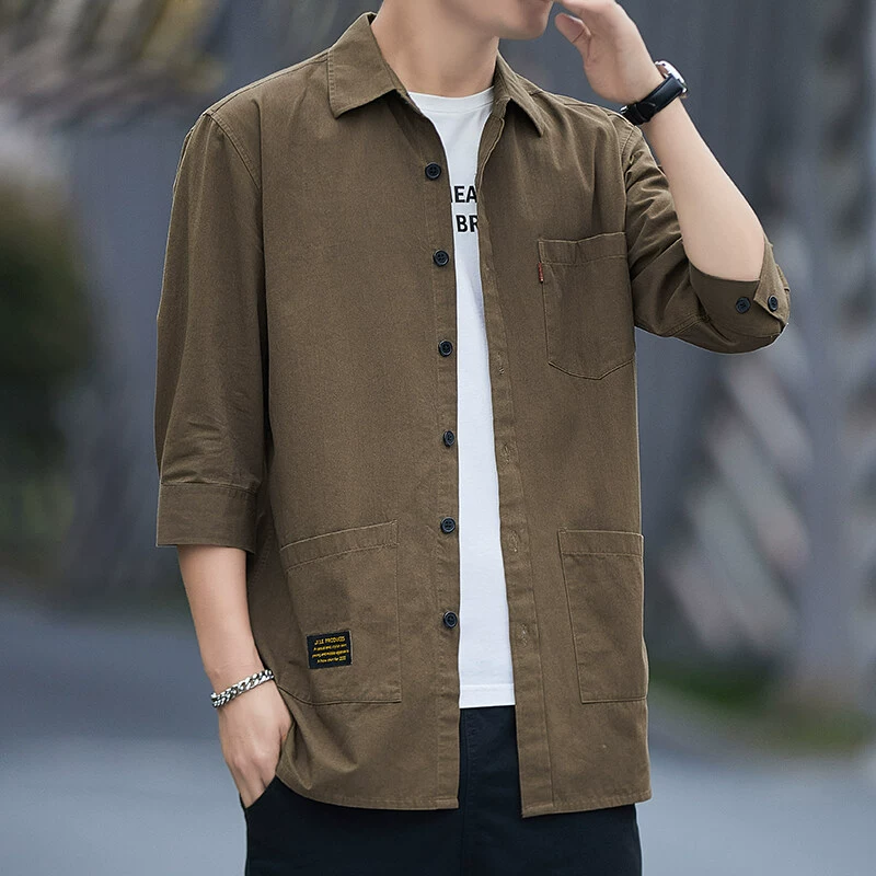 Хлопчатобумажная рубашка с 7 очками рукава мужские дикие куртки летние тенденции дикие повседневные сплошные мужская одежда рубашки мужчины