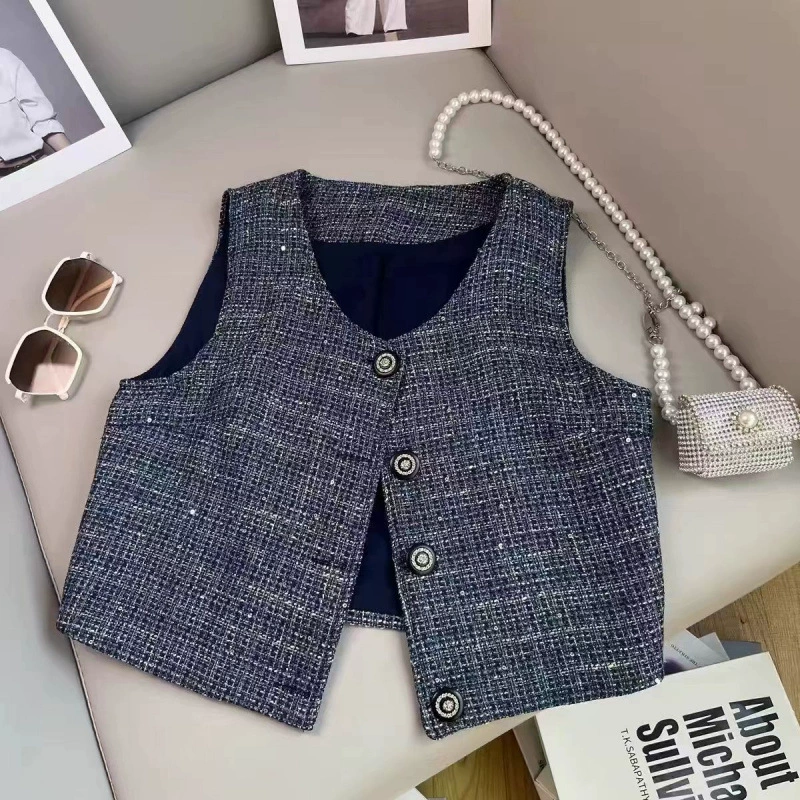 Высококачественный серо-синий маленький ароматный жилет для женщин, летний новый стиль, маленький жилет с золотыми блестками, тонкий жилет