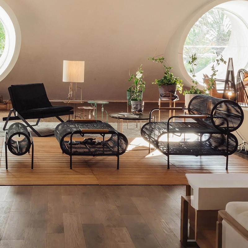 Balcón al aire libre silla de tela de caña terraza jardín villa de tela de cuerda silla de ocio sala de sol silla de caña ocio sofá combinación