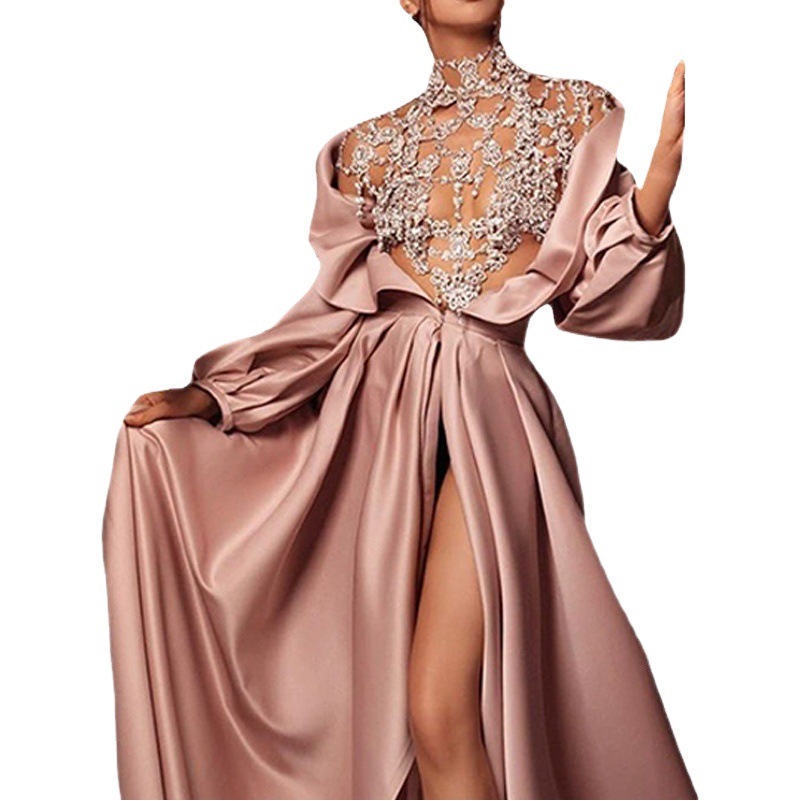 Vestido de Noche Rosa de Cintura Alta para Mujer, Estilo Europeo y Americano, para Fiestas, Sexy, con Abertura, Elegante, Verano 2025