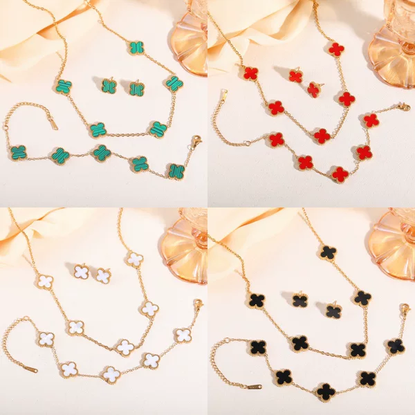 Titanium Steel Non-Fading Double-Sided Four-Leaf Clover Set Necklace for Women, Fashionable and Elegant, Light Luxury, Internet Celebrity Collarbone Chain Bracelet Wholesale